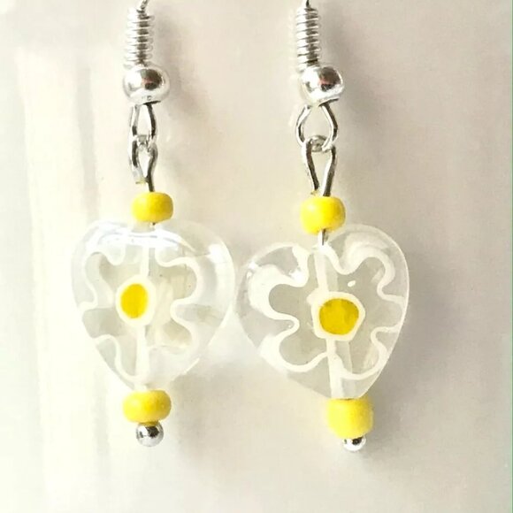Vintage Murano Millefiori Heart Glass Earrings Bead Yellow White Silver Plated - Picture 5 of 10